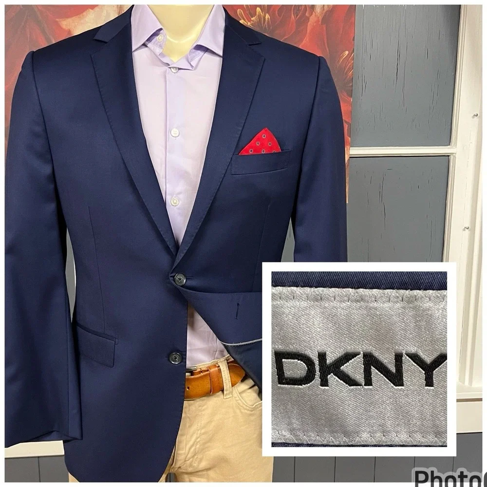 DKNY Blazer Jacket Sport Coat Mens 40R Slim‎ Fit Wool Navy